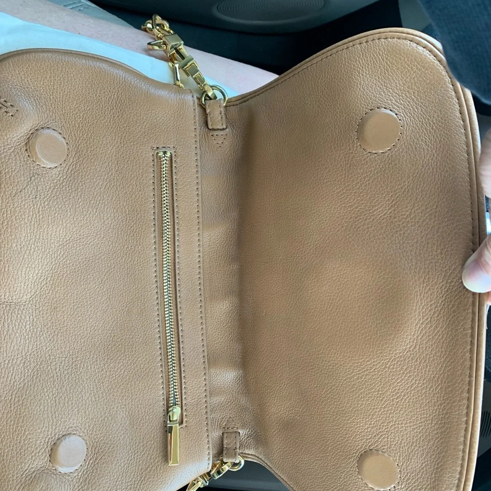 Tory Burch Tan Leather Clutch with Logo Medallion
